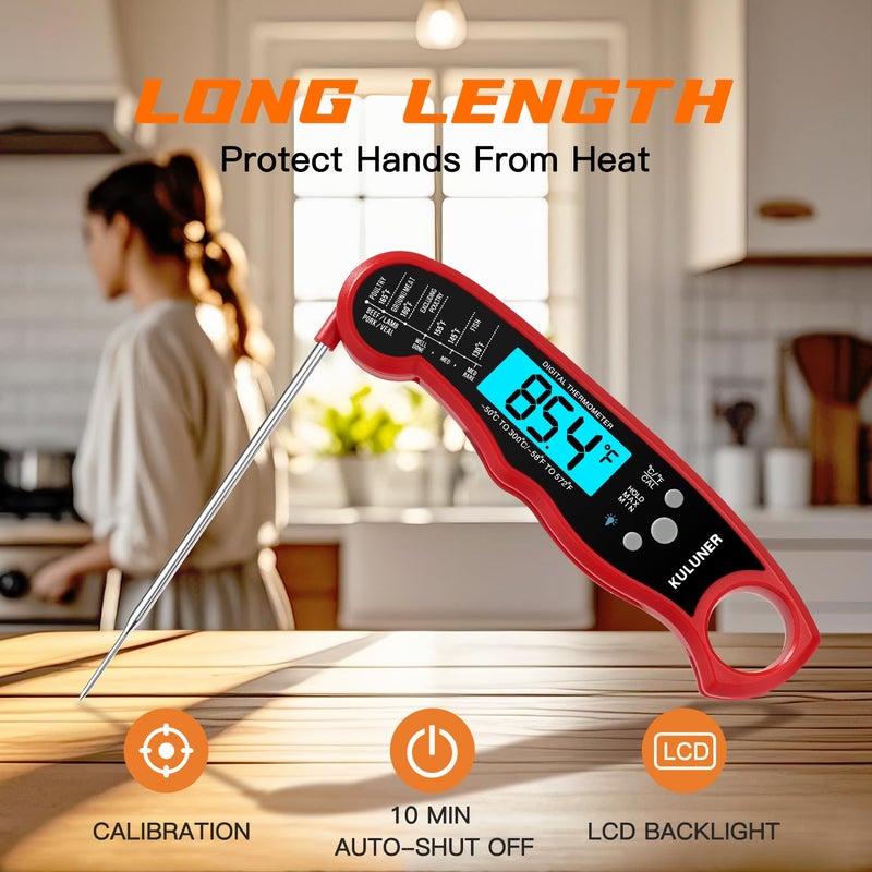 KULUNER TP-01 Waterproof Digital Instant Read Meat Thermometer with 4.6 Folding Probe Backlight Calibration Function for Cooking Food Candy, BBQ Grill, Liquids,Beefï¼ˆRedï¼‰ - Image 5